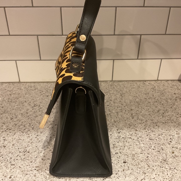 Dune London Leopard Print/ Black Leather Medium Handbag with Brass Accents - Picture 5 of 7